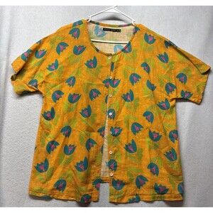 Gudrun Sjoden Shirt Women M Orange Tulip Print Button Front Tunic Organic Cotton